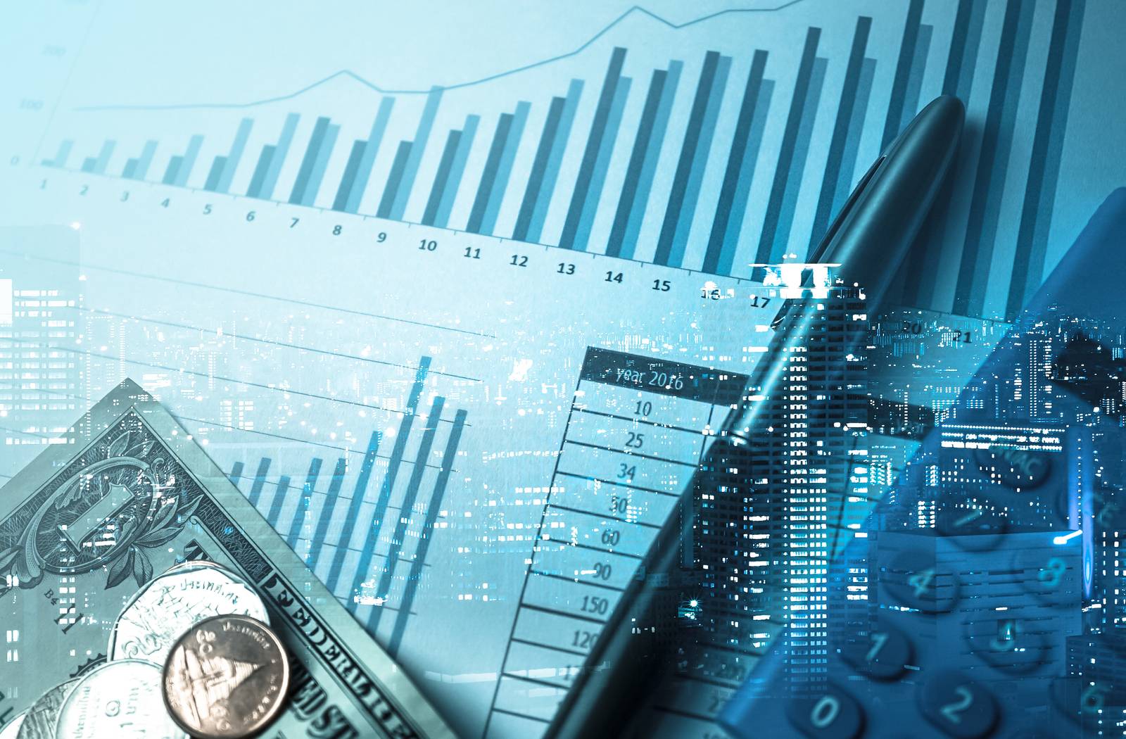 Double exposure of city and pen, calculator, money, graph for finance concept