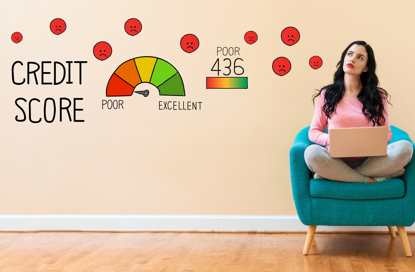 Young women sitting on couch thinking of her credit score