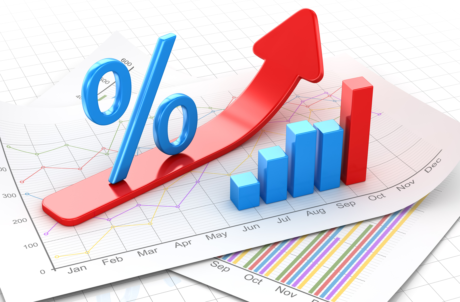 Percentage sign and graph showing upward move throughout months of credit score