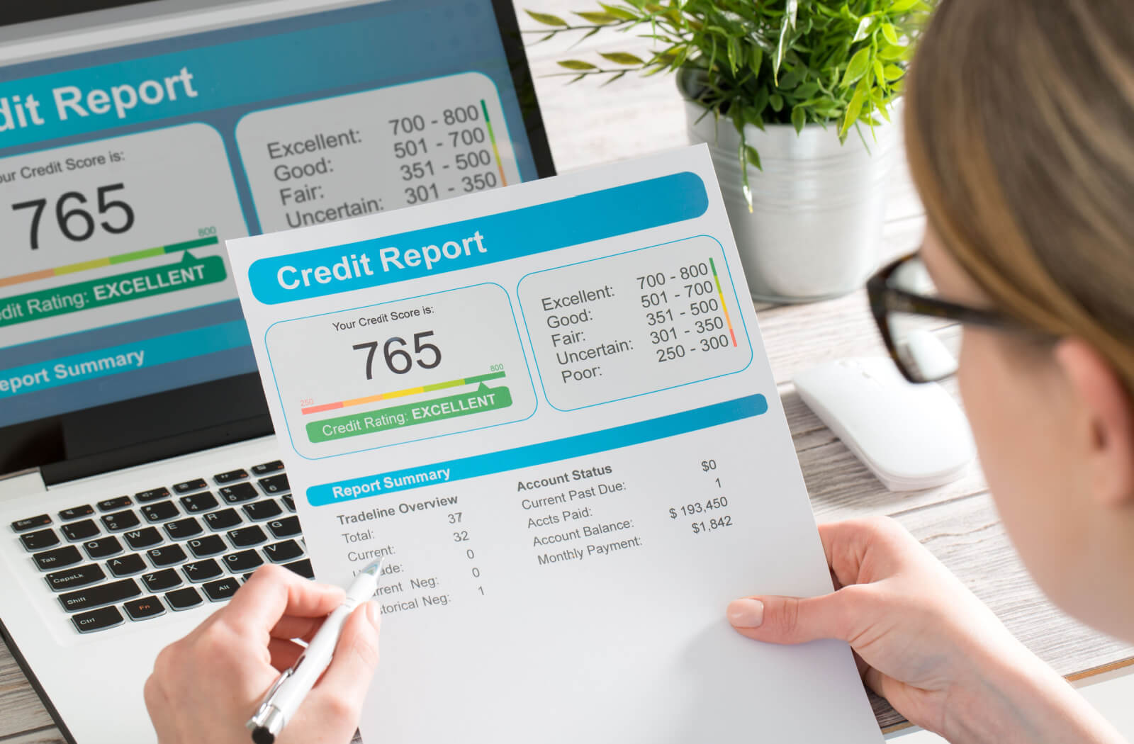 A female banker checks the credit points of a person applying for a line of credit.