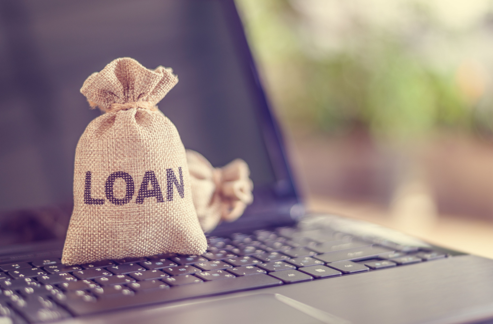 Close-up of a brown sack labelled "LOAN" sitting on a laptop